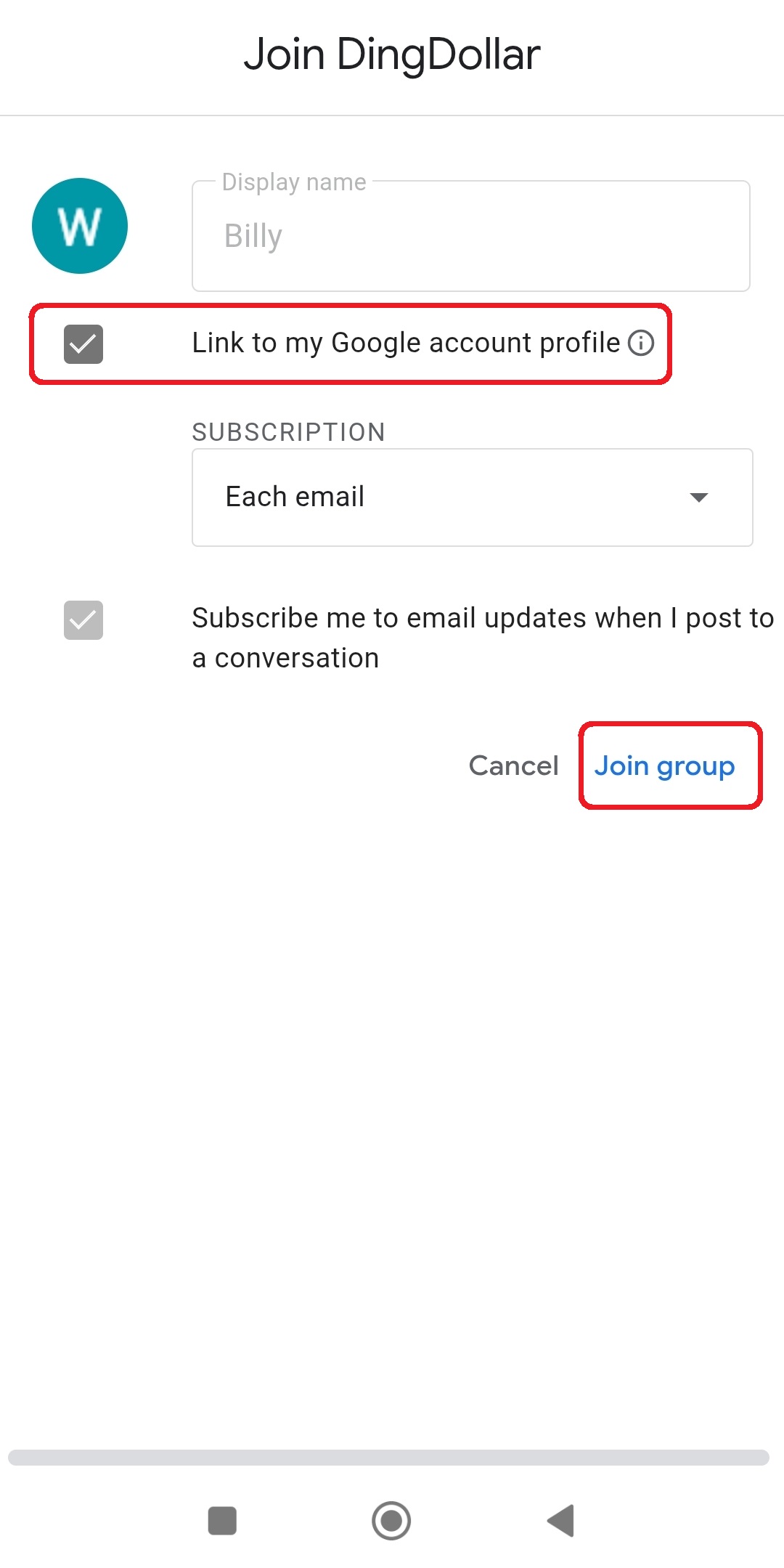 Tick link to Google account profile, then Join group