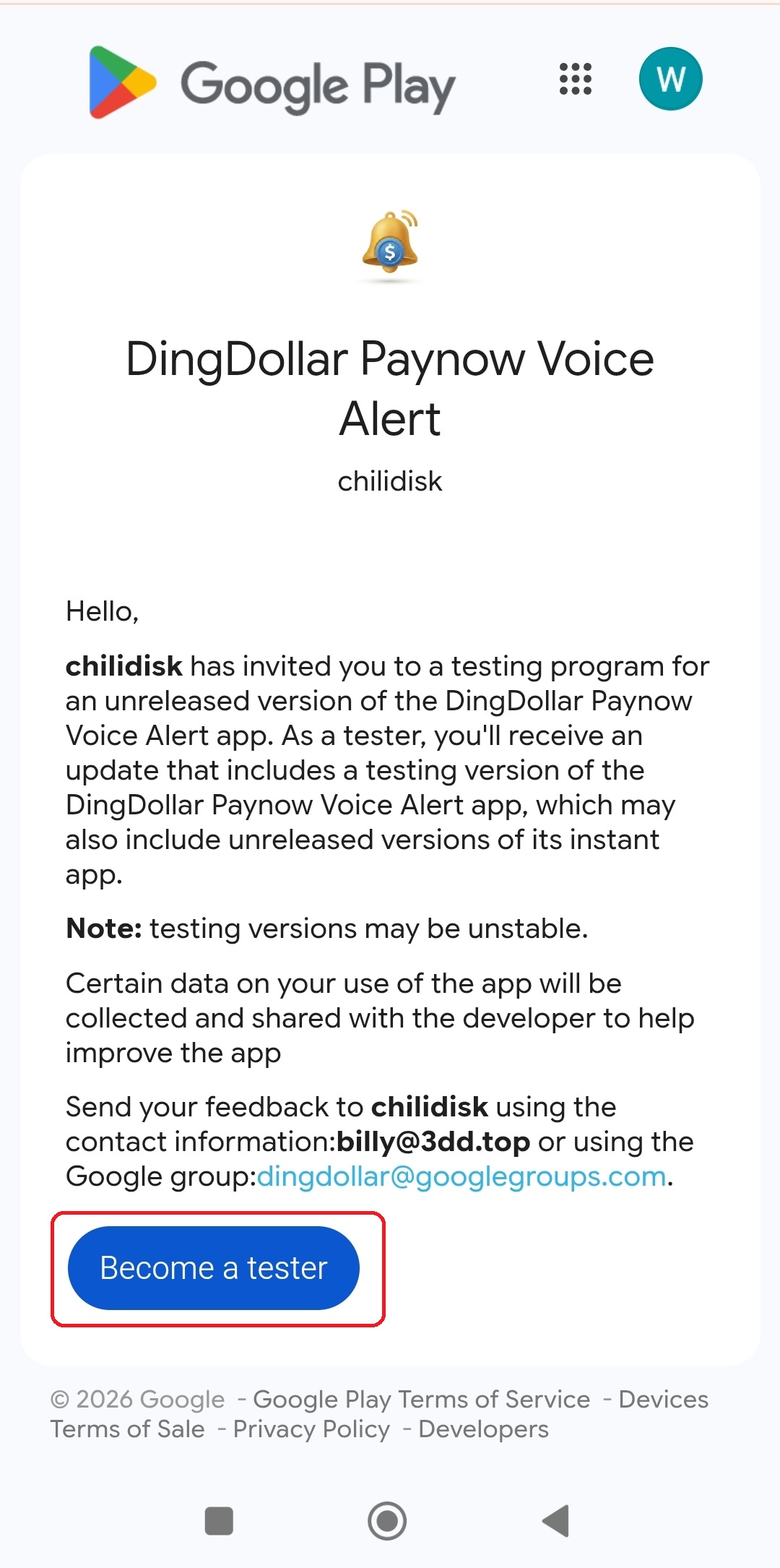 Become a tester page on Google Play