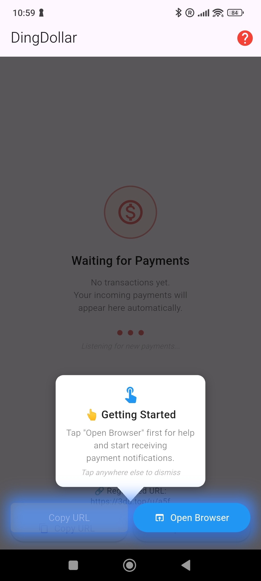 Waiting for payments screen with Open Browser button